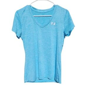 Under Armour Womens Blue Heathered V-Neck Short Sleeve HeatGear Athletic T-Shirt